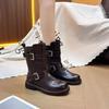 Western Boots Women's 2025 Autumn and Winter New Leather Retro Belt Buckle Martin Boots Fashionable Versatile British Style Knight Boots