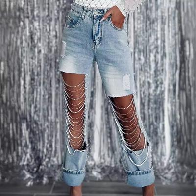 Frühling Große Ripped Jeans Damen Kettenhänger Straight-Leg Hose