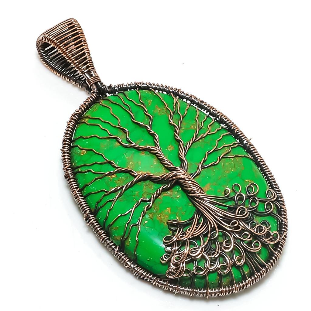 Green Copper Turquoise Pendant, 999 Copper Wire Wrap Tree Of Life Gemstone Jewelry, Handmade Pendant Amazing Jewelry, Gift For Her