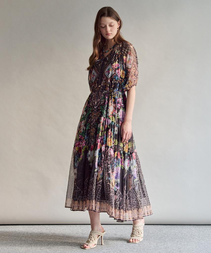 Maja Oriental Floral Tiered Long Dress