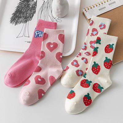 Cute Harajuku Strawberry Love Sweet Socks Middle Tube Breathable  Autumn And Winter Casual Socks