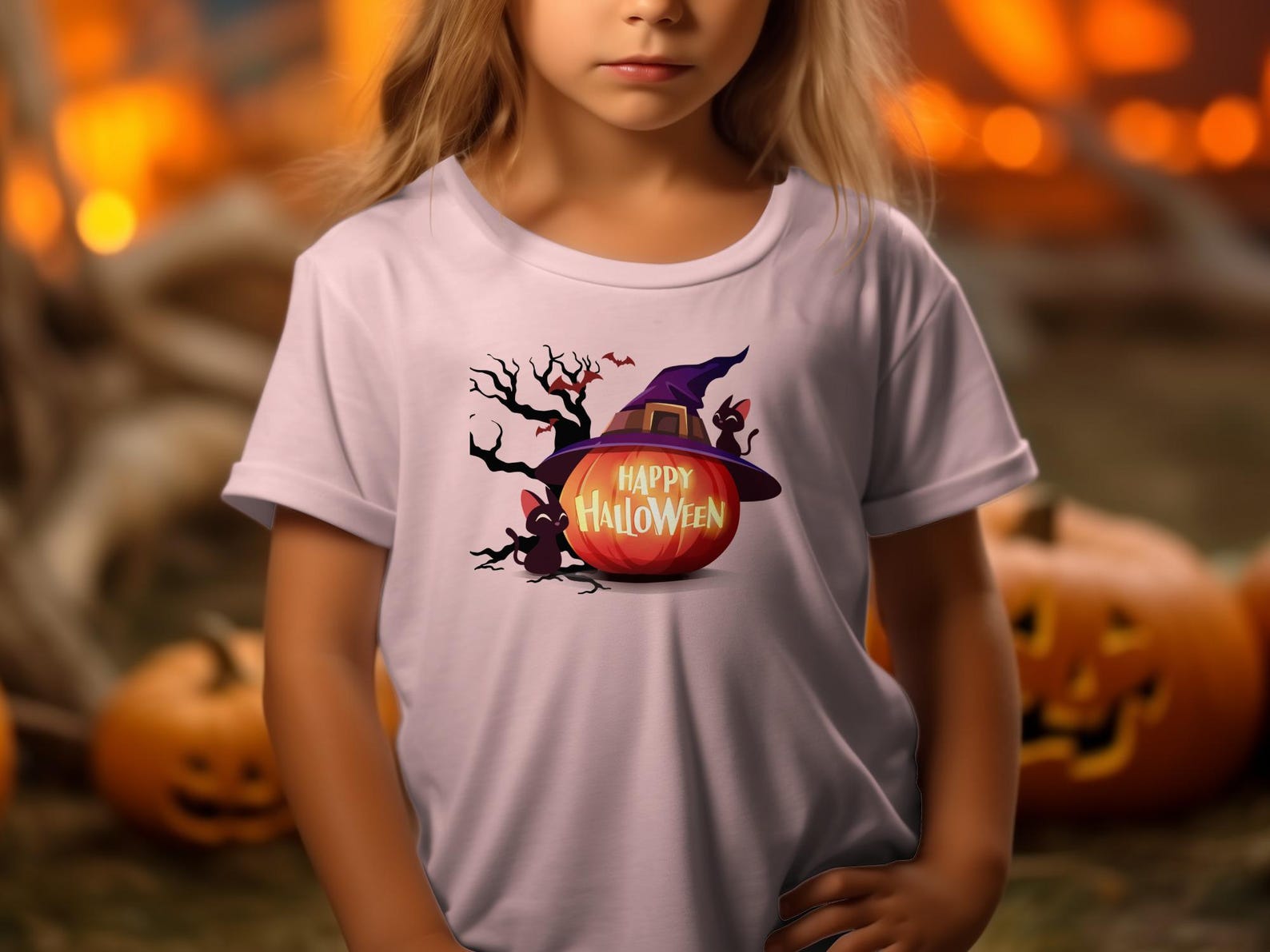 Happy Halloween Pumpkin Witch Cat T-Shirt | Spooky Fall Season Youth Tee L