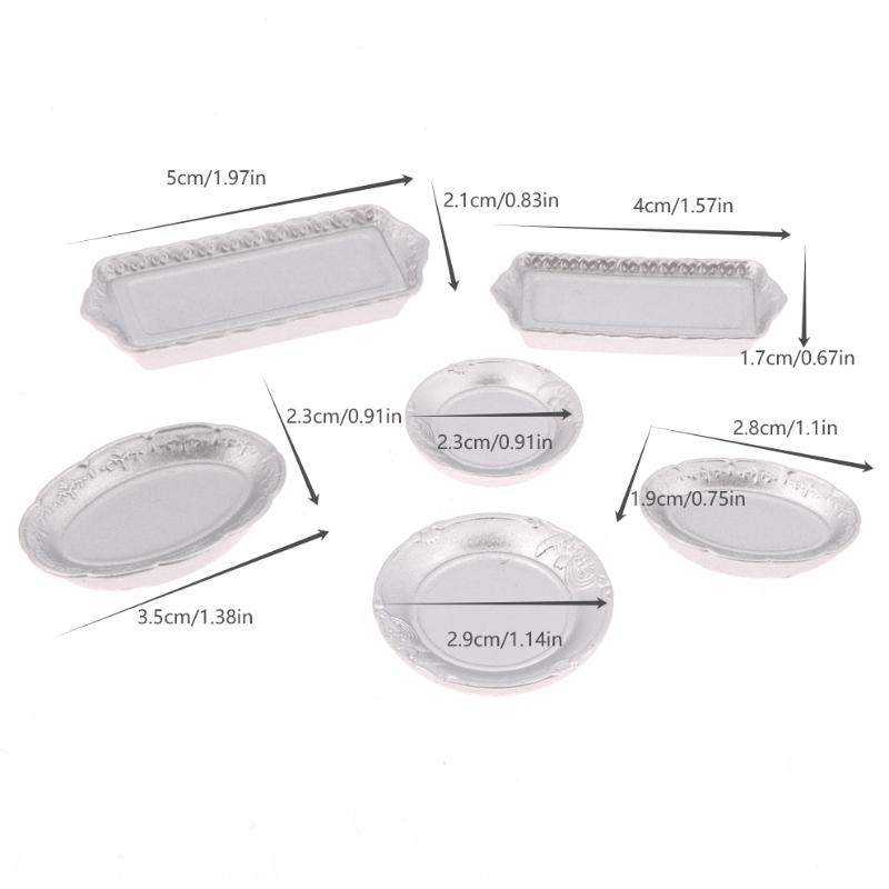 6 szt. 1/12 Domek dla lalek Srebrny talerz obiadowy Taca na jedzenie Model Domek dla lalek Kuchnia Zastawa stołowa Dekoracja Zabawka Akcesoria do domku dla lalek