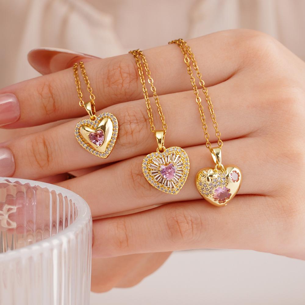 Romantic Pink Zircon Love Heart Pendant Necklace for Women Girls Stainless Steel Chain Luxury Sweet Collar Jewelry Gifts