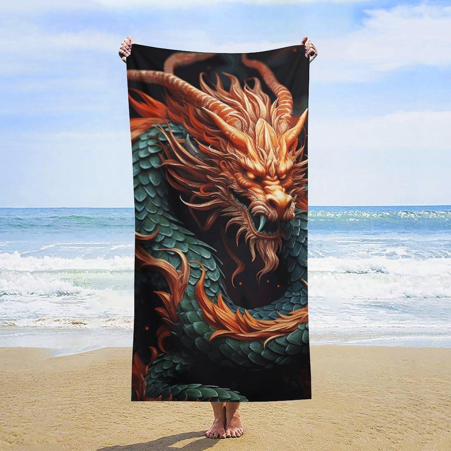 Ka Chen Muda White Magical Dragon-Print Beach Towel: Dive Into Style And Comfort By The Sea! Suitable For Towels, Bath Towels, Beach Towels