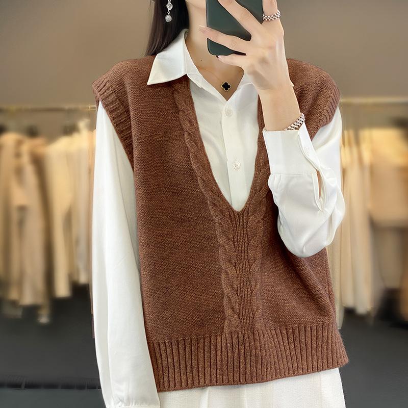 Autumn new twist knitted vest women's V-neck casual simple fashion sleeveless vest women's vest