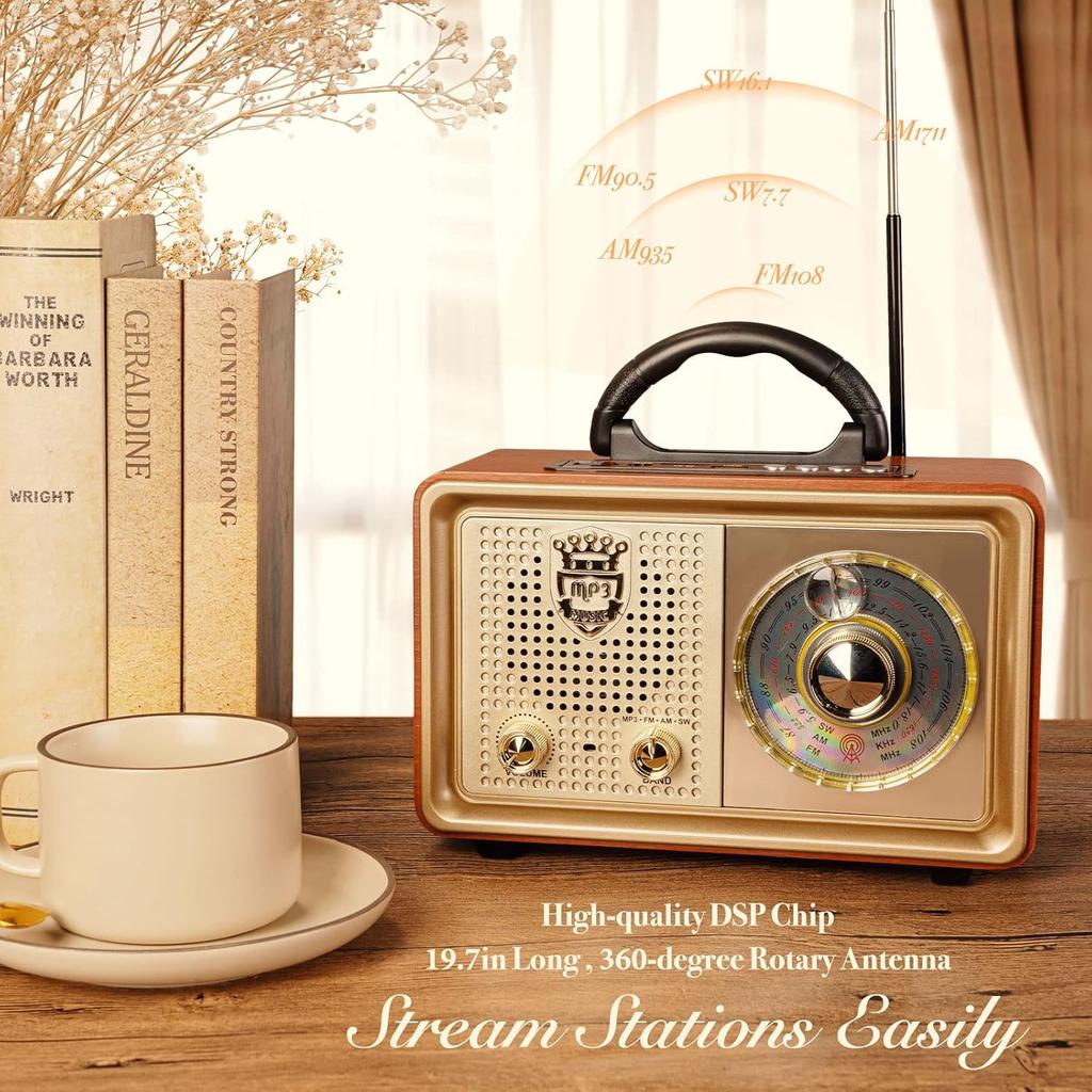 AM/FM/SW Retro Radio with Bluetooth, 3 Power Supply Options, Wood Effect Housing, 5W Speaker with Improved Bass, Supports USB/TF/AUX