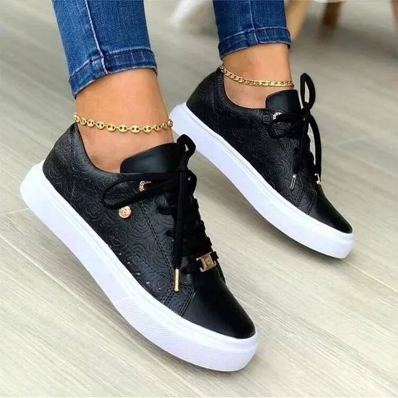 Rose Gold Women Vulcanized Shoes Solid Color Low-heeled Flat Casual Shoes with Golden Buttons 2024 New Lace Up Female Sneakers