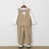 Boys Khaki 4 Piece Suit Shawl Lapel Double Breasted Vest Set White Shirt Plaid Bow Tie Pants Kids Wedding Flower Gentleman Formal Party Photo Outfit