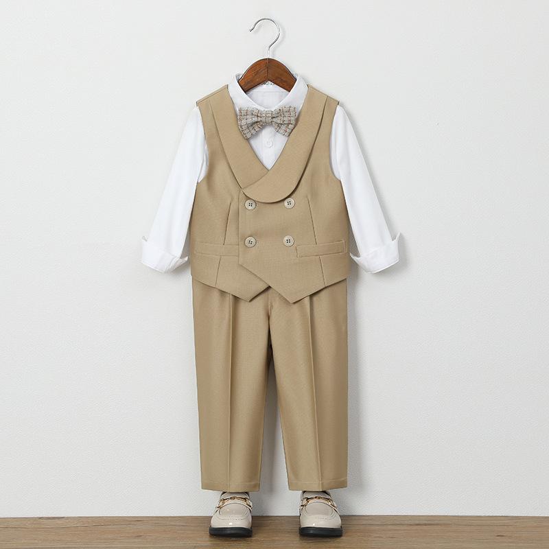Boys Khaki 4 Piece Suit Shawl Lapel Double Breasted Vest Set White Shirt Plaid Bow Tie Pants Kids Wedding Flower Gentleman Formal Party Photo Outfit