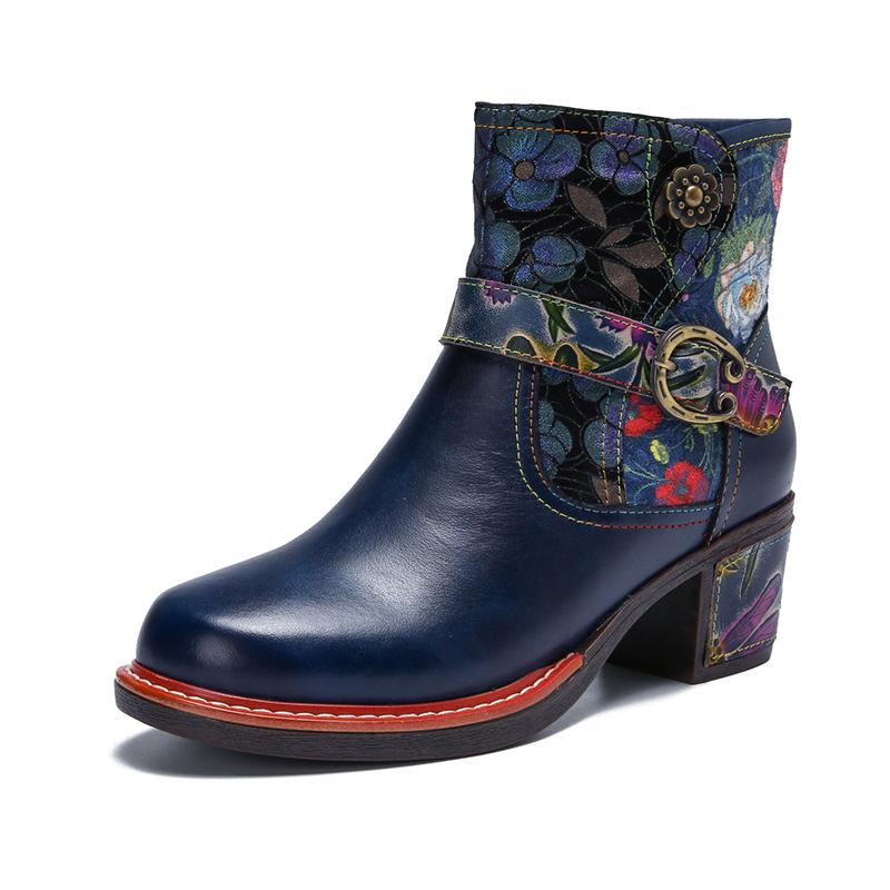 Johnature Vintage Floral High Heeled Women's Boots Genuine Leather Shoes Hand-painted Belt Buckle Fashion Short Boots