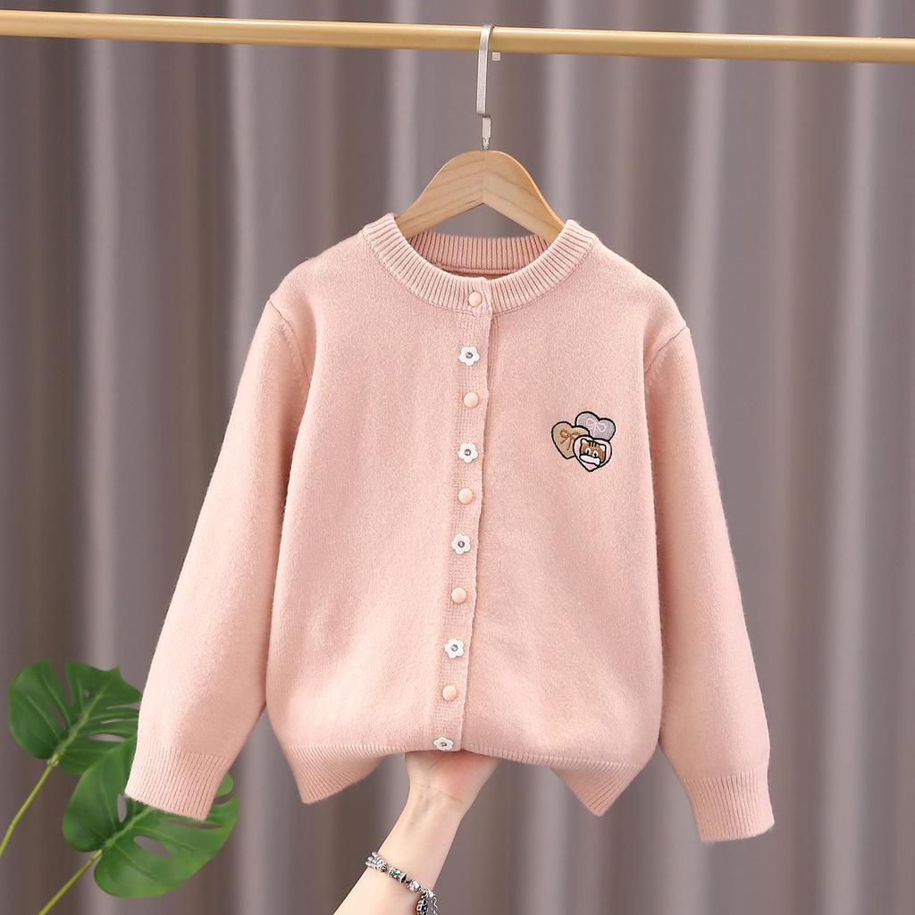 2025 Girls' Stylish Knit Cardigan - Round Neck Sweater for Spring & Autumn