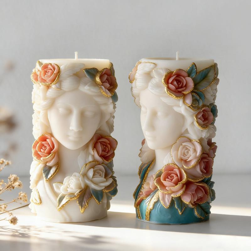 Diy Rose Flowers Relief Girl Portrait Cylinder Mold Handmade Aroma Candle Plaster Resin Silicone Mould Home Decor Craft Molds