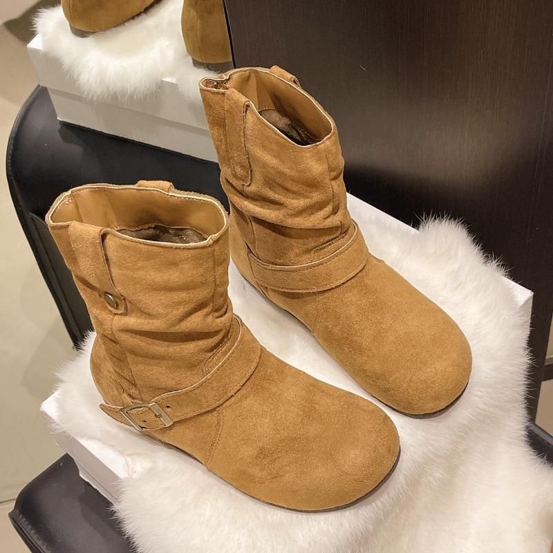 Retro pleated piled boots women's autumn new velvet warm short boots temperament versatile Martin boots