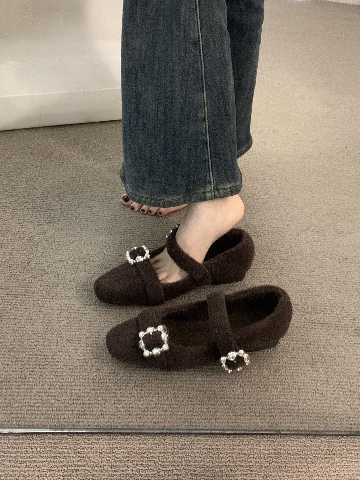 

Retro premium flat Mary Jane single shoes fleece double-breasted fluffy shoes cotton shoes 40 темно-коричневого кольору