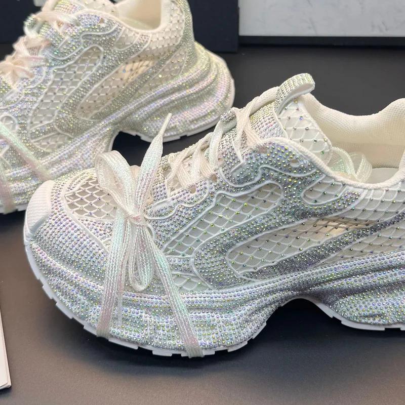 Dámské tenisky Bling Crystal Novinka Síťované platformové boty s kamínky Dad Shoes Módní lesklé dámské sportovní boty Dámské mokasíny