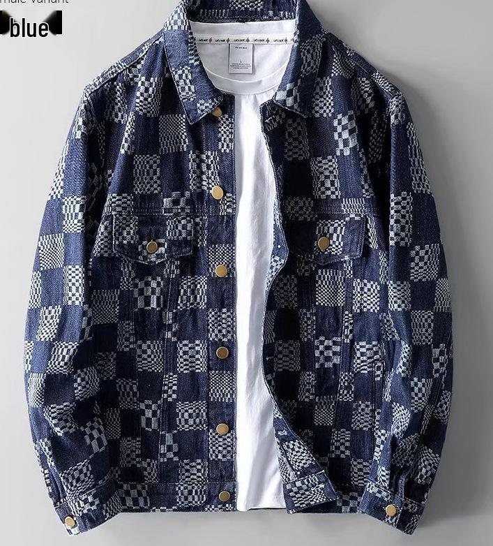 

Мужская джинсовая куртка в клетку High Street - Осенне-зимний тренд, Свободный уличный стиль в гонконгском стиле L синий