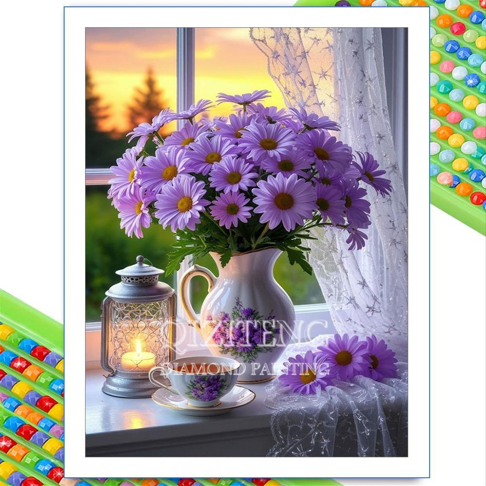 Window View Flower Diamond Painting 5D Full Drill Lily Rose Peony Bouquet DIY Rhinestone Embroidery Mosaic Art Home Decor Gift