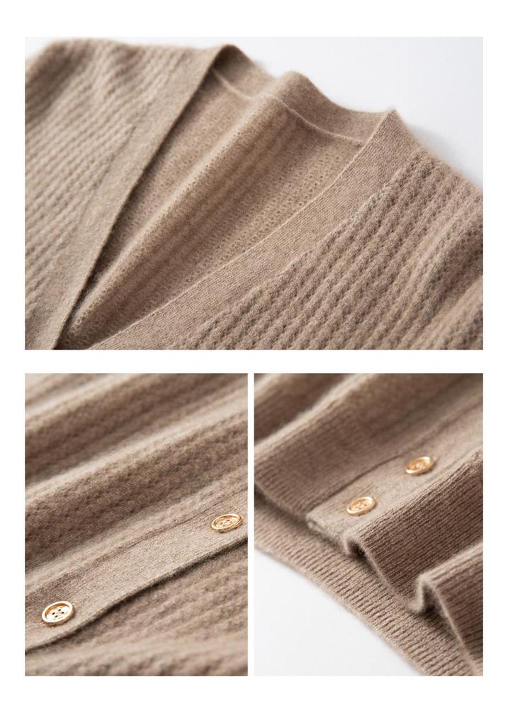 Women's 100% Pure Cashmere V-Neck Cardigan: Ribbed, Loose Knit Sweater Jacket, Slimming Base Layer Outerwear