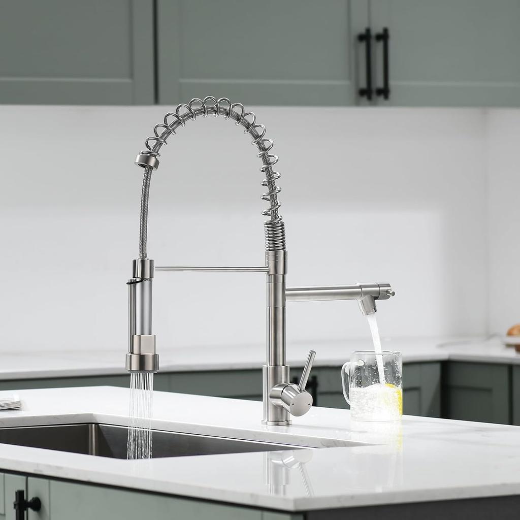 Kitchen Faucet Contemporary Spring Design Single Handle Copper with Pull Down &Out Sprayer in Brushed Nickel
