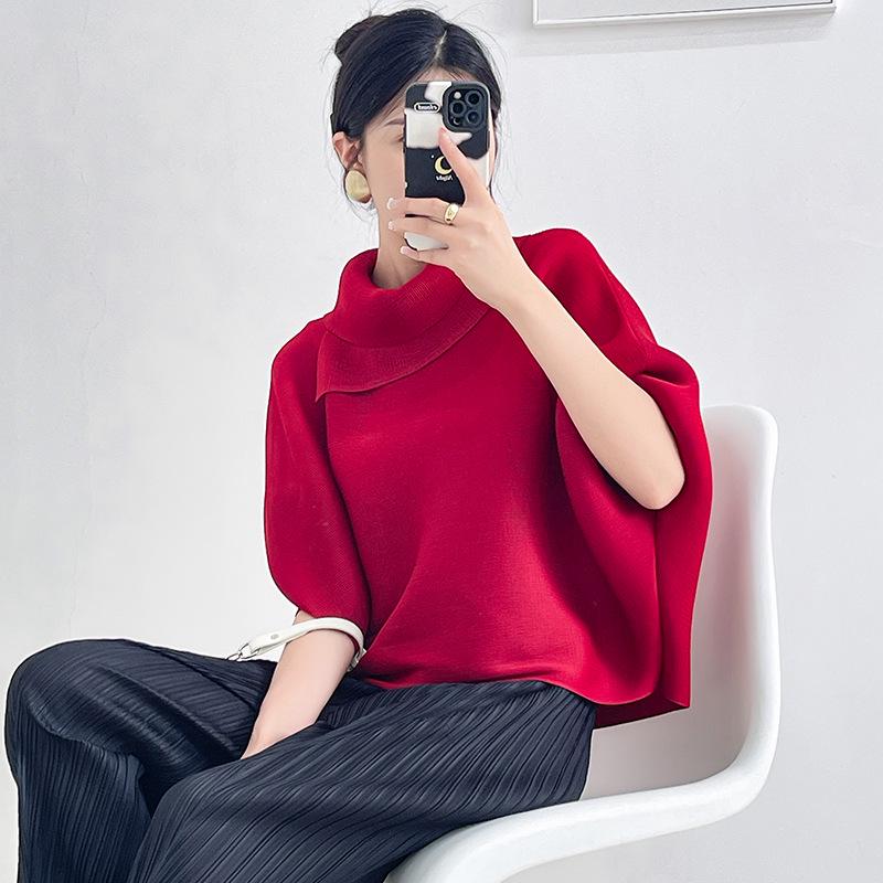 

Женский плиссированный топ Miyake с рукавами «летучая мышь» — свободный крой, длинный рукав, однотонный, идеально подходит для весны и осени One Size красный