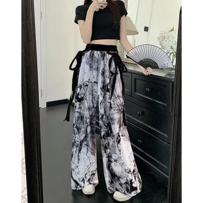 Women's High-Waist Wide-Leg Ink Wash Print Summer Trousers
