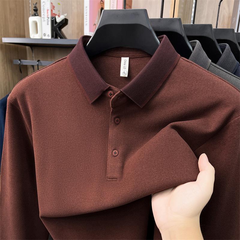 Polo Homme Haut de Gamme Laine Soie Revers Couleur Unie Manches Longues Automne Hiver Décontracté d'Affaires T-shirt