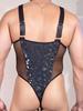 Sexy Men Hollow Out Bodysuit Tops Deep V Neck Mesh Patchwork High Cut Thong Tights Open Crotch U Bulge Pouch Sheath Man Onesize