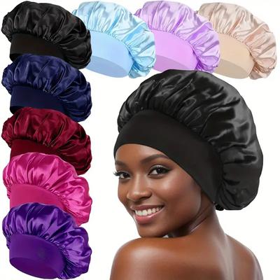 8 Stück Seiden-Satin-Haube Wiederverwendbare Elastische Breite Band Duschhaube Schlafmütze Haarschutzmütze Für Frauen Lockiges Haar Natürliches Haar