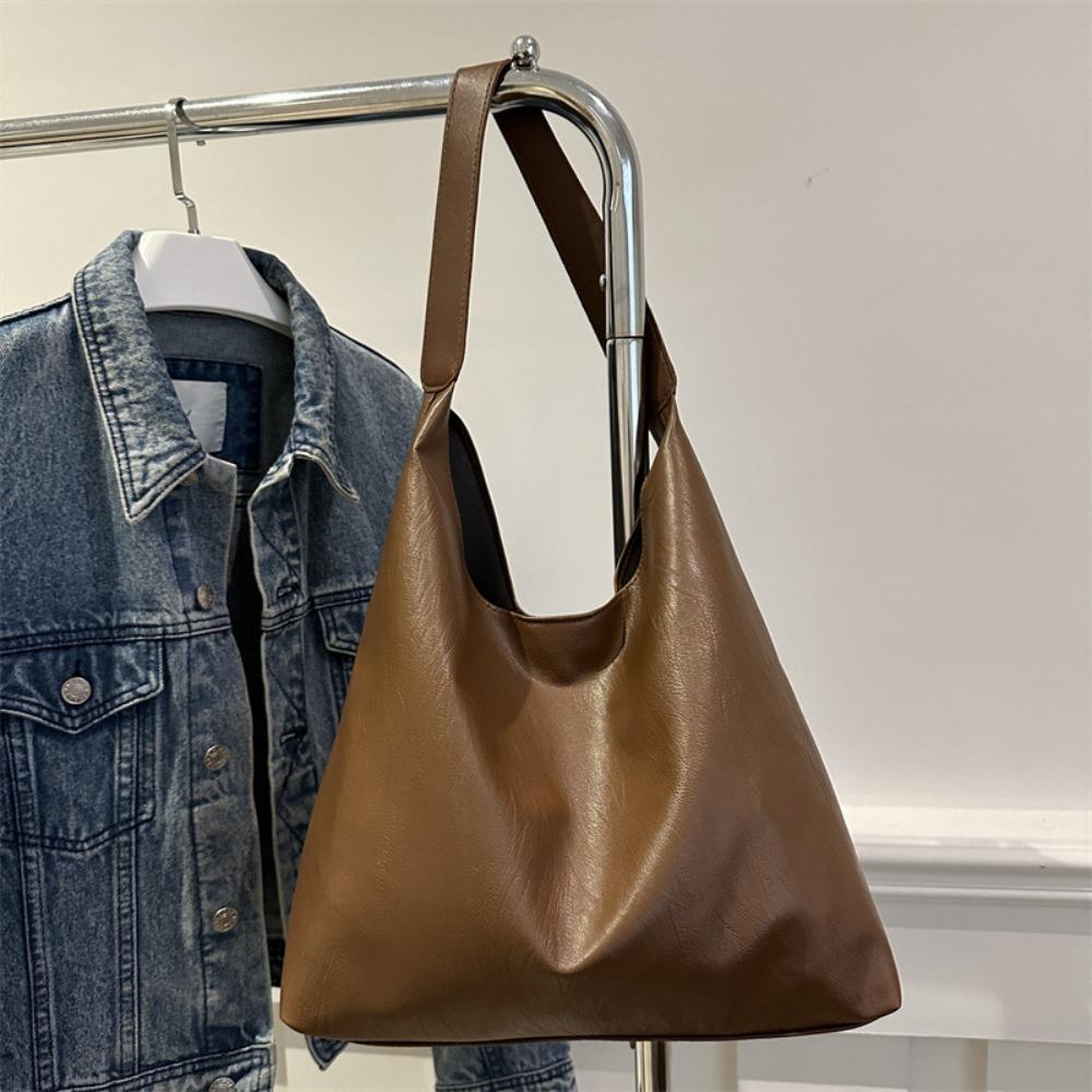 

Vintage PU Leather Shoulder Bag Solid Color One Shoulder Tote Bag Large Capacity Underarm Bag