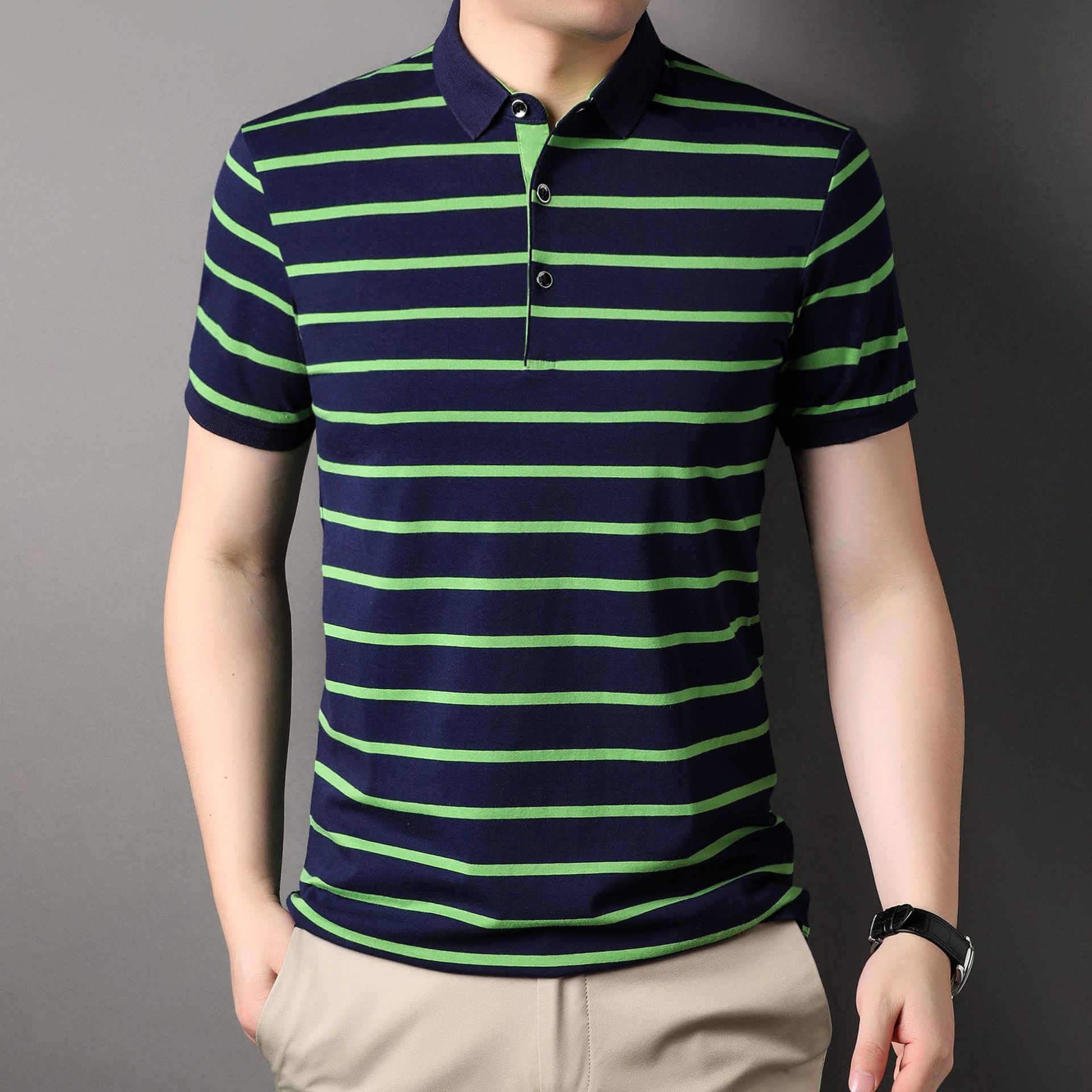 Heren Gestreept Poloshirt met Korte Mouwen Revers T-shirt Zomer Business Vrije Tijd Trend Shirt Kraag Jeugd Halve Mouw Top M beige