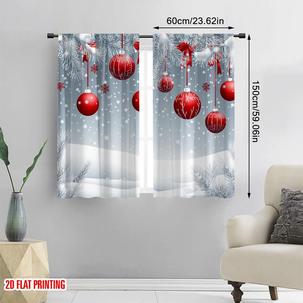 2pcs,2D Plane Printing Creative Curtains Christmas Balls Snow Scene Durable 100% Polyester Fabric (without Rod) Decorations For