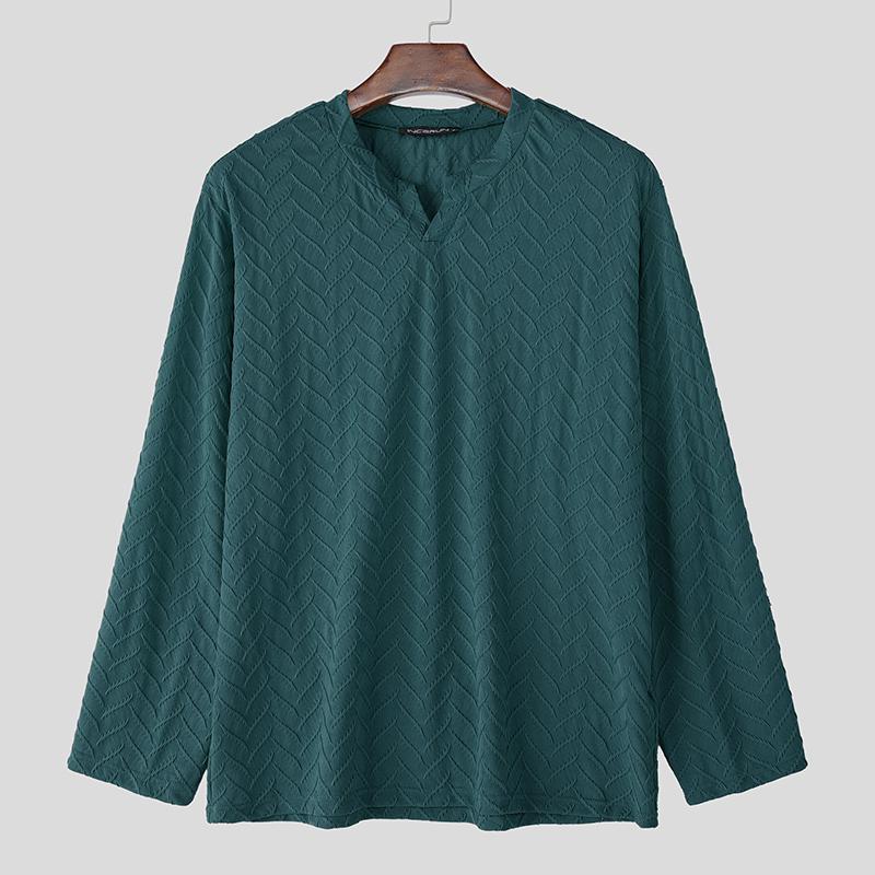 

INCERUN Men Autumn Spring Round Neck Long Sleeve Casual Texture Tops Undershirts Pullovers S зелёный