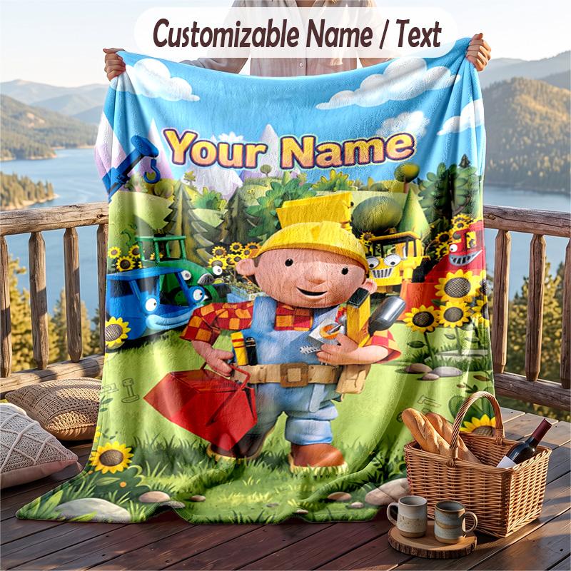 Bob the Builder Flannel Blanket, Personalized Custom Name Text, Soft Warm Plush Throw Blanket For Gift