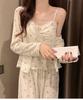 Hot-Selling 2024 Women's Long Sleeve Floral Pajama Set - Sexy Spring & Autumn Three-Piece with Chest Pads