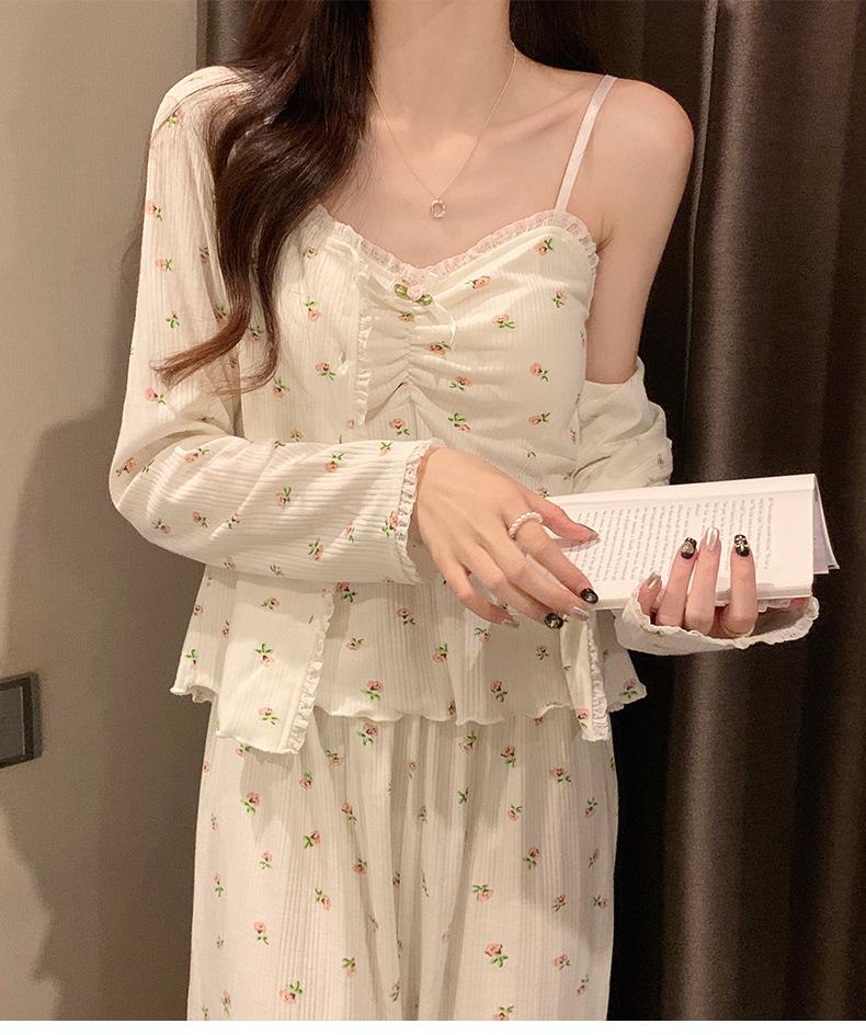Hot-Selling 2024 Women's Long Sleeve Floral Pajama Set - Sexy Spring & Autumn Three-Piece with Chest Pads