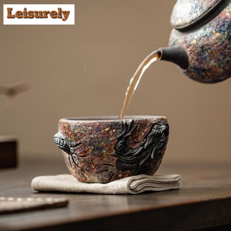 120ML Handmade Dragon Pattern Pottery Teacup Rock Mine Master Cup Gold Pointing Personal Tea Nowl Jianzhan Drinkware Gift Box