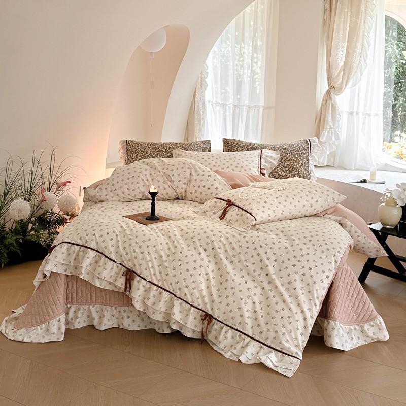 Cotton Bedding Four-piece Set Bow Lace Edge Skin-friendly Breathable Bed Sheet Quilt Cover Pillowcase Kit