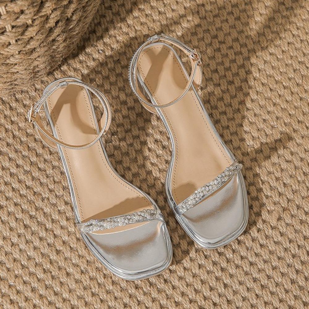 High Heeled Sandals for Women 2025 Summer New French Style Mid Heel Rhinestone Women's Shoes Silver Flat Strap Sandals Women