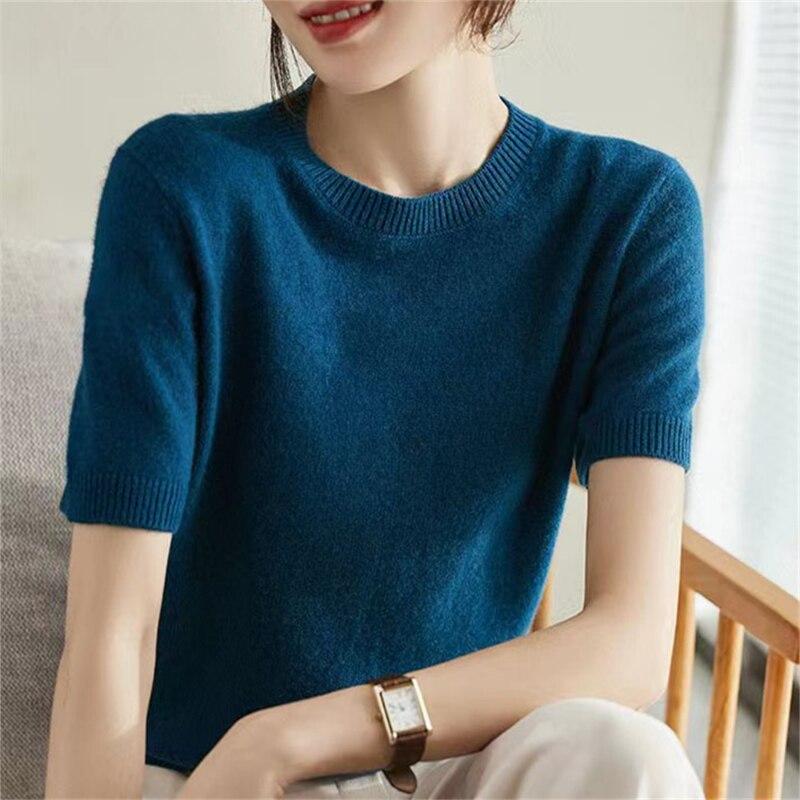 2022 Spring Summer Fashion Simple Pullover Elegant Fashion O-Neck Solid Knitted Sweater Women Short Sleeve Casual Loose Tops