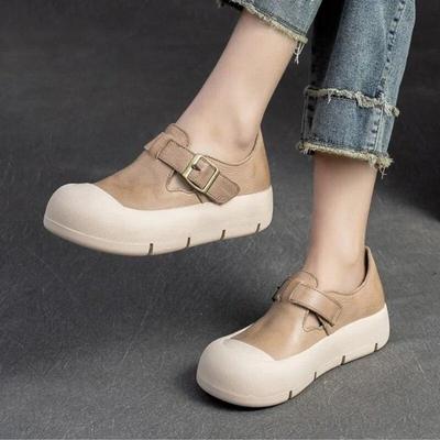 Scarpe da donna casual minimaliste con punta tonda in vera pelle Scarpe piatte retrò versatili con suola spessa