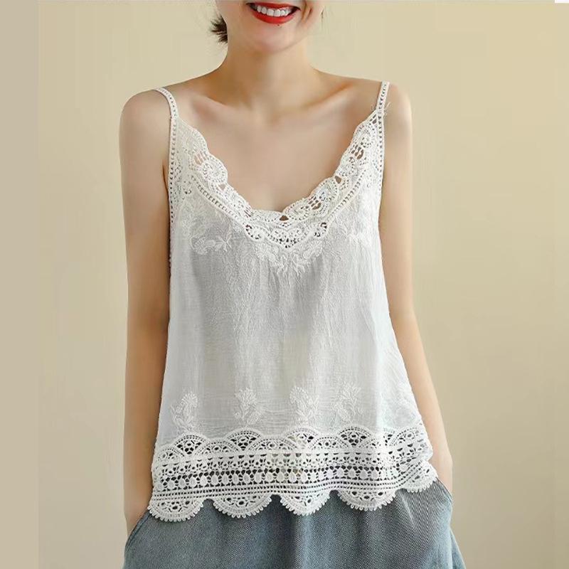 

Literary and artistic hollow lace sling vest for women, summer new loose inner lace lace top AL One size fits all