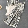Damen Premium Print Kapuzenpullover Hohe Taille Weite Beinhosen Lässige Sport Strickwaren Zweiteiliges Set Mode Altersreduzierend