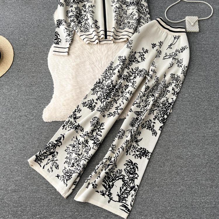 Damen Premium Print Kapuzenpullover Hohe Taille Weite Beinhosen Lässige Sport Strickwaren Zweiteiliges Set Mode Altersreduzierend