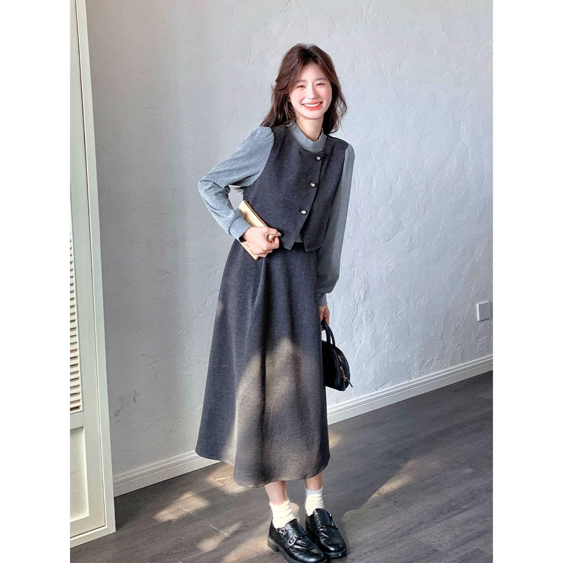 Women s Chic Slimming Long Dress - French Two-Piece Style, Spring/Autumn 2026 L