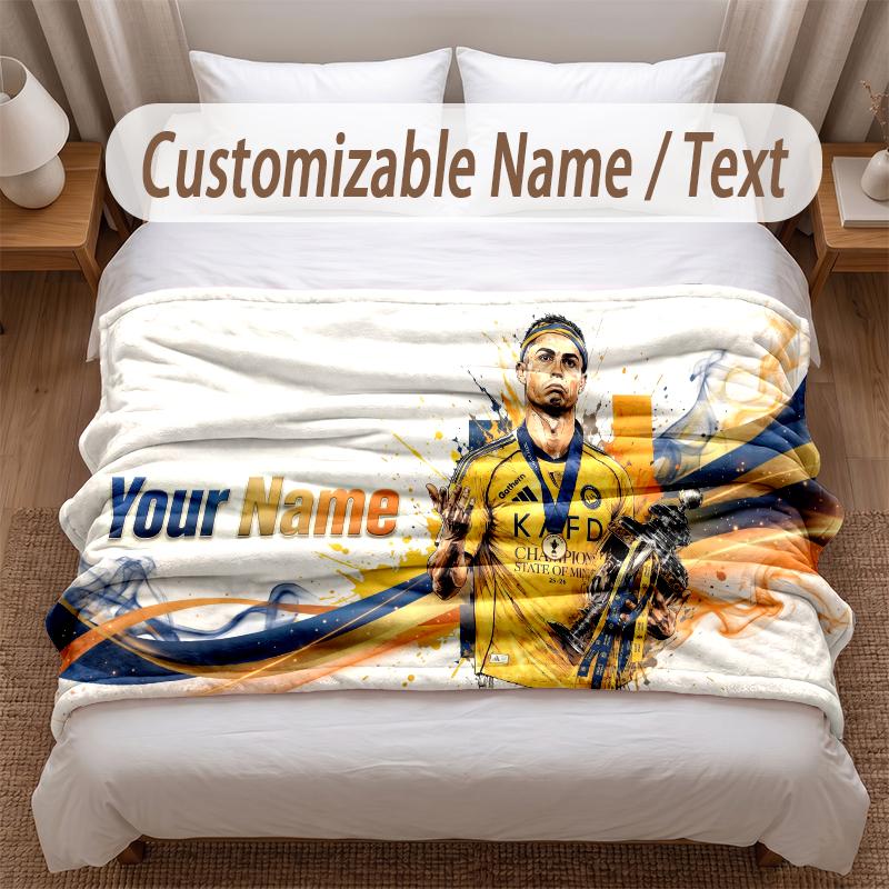 Cristiano Ronaldo Printed Flannel Blanket Custom Name Text Soft Warm Throw For Bedroom Holiday Gift