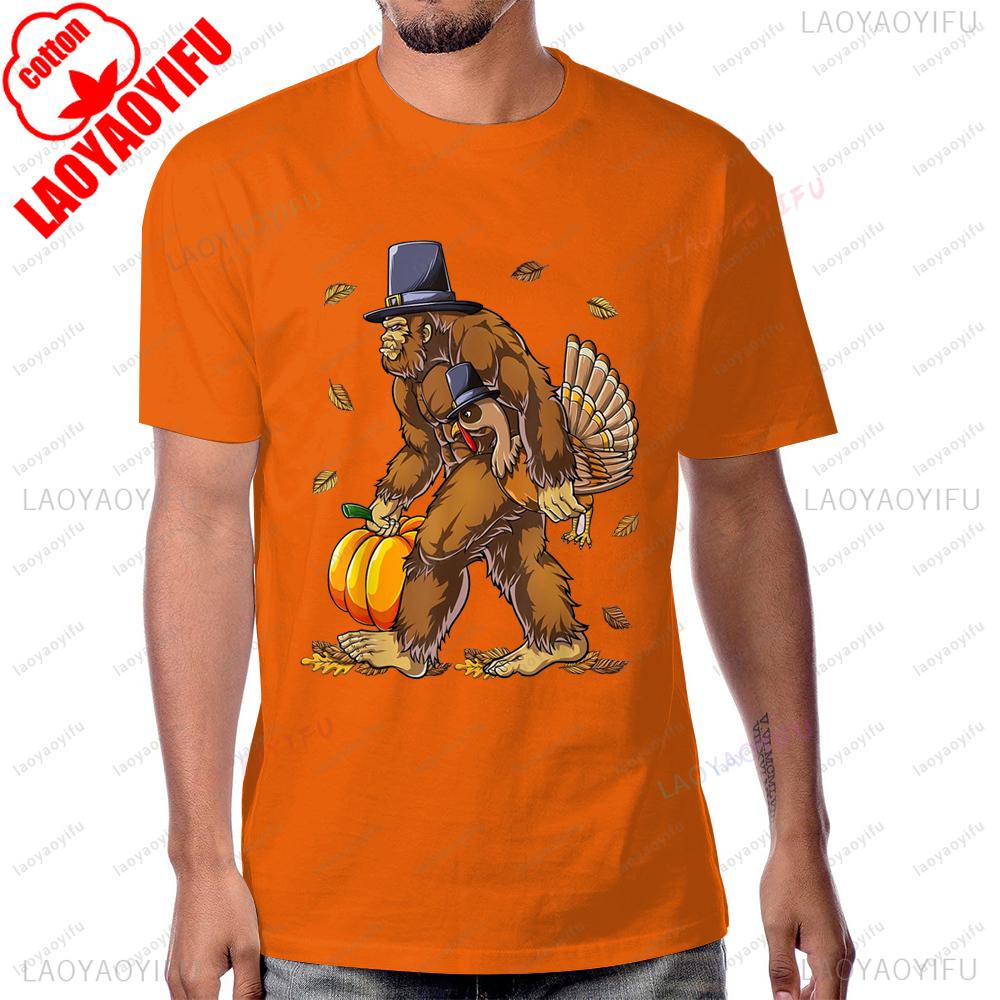 Bigfoot Turkey Pumpkin Thanksgiving Sasquatch Tshirt Casual Fashion Loose Short Sleeve Cool Unisex T Shirt Y2K Unisex Streetwear
