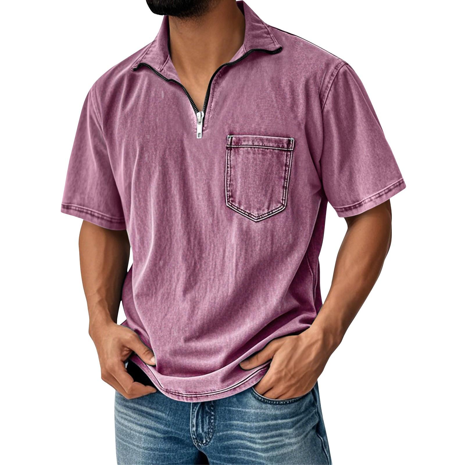 

Men s Summer Color Vintage Zipper Pocket Lapel Short Sleeve Shirt Tops XXXL