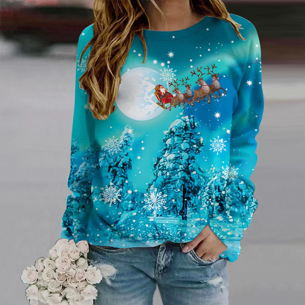 

Осенняя женская мода с круглым вырезом и длинным рукавом, свободная одежда, зимняя футболка с принтом снега XS синий