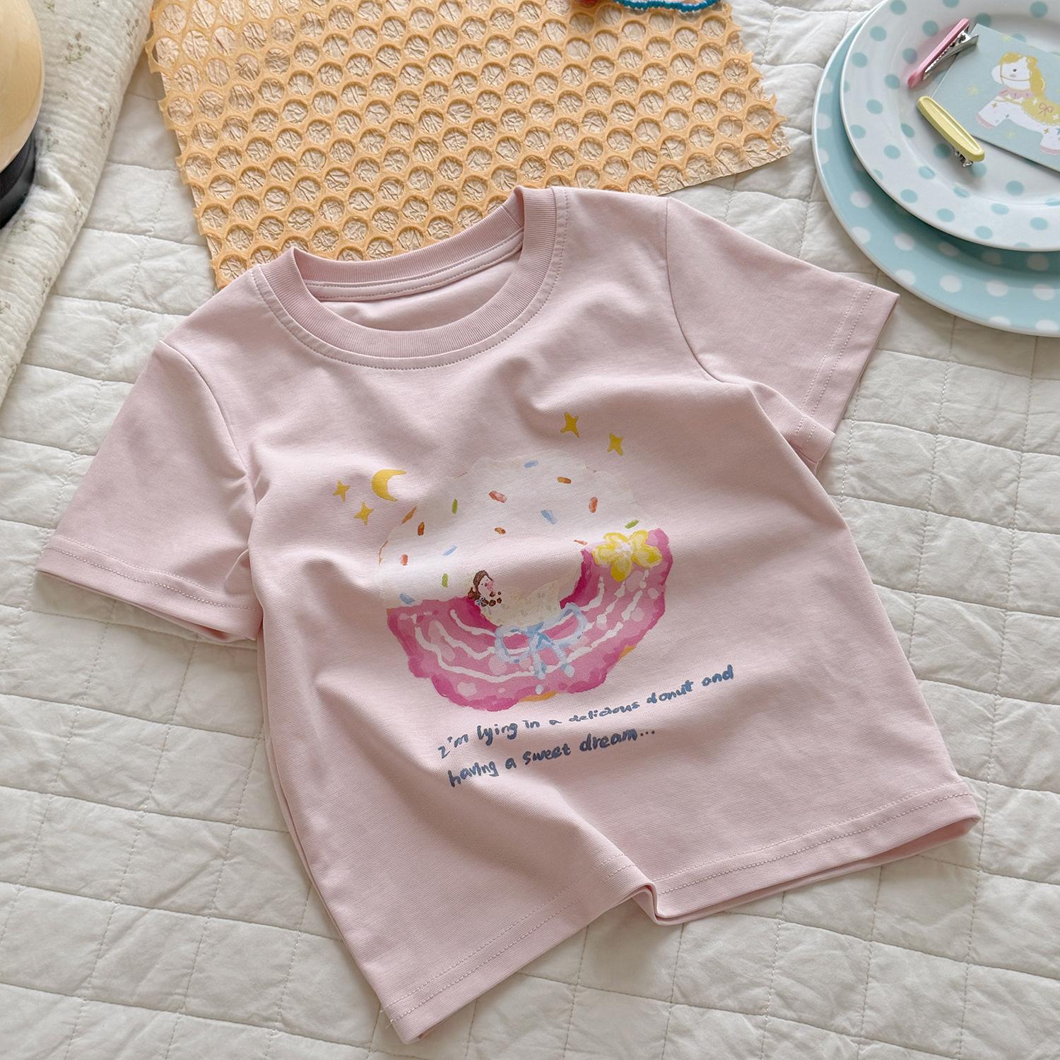 Girls Macaron Cotton Short Sleeve T-Shirt with Cute Cartoon Print for Summer 90